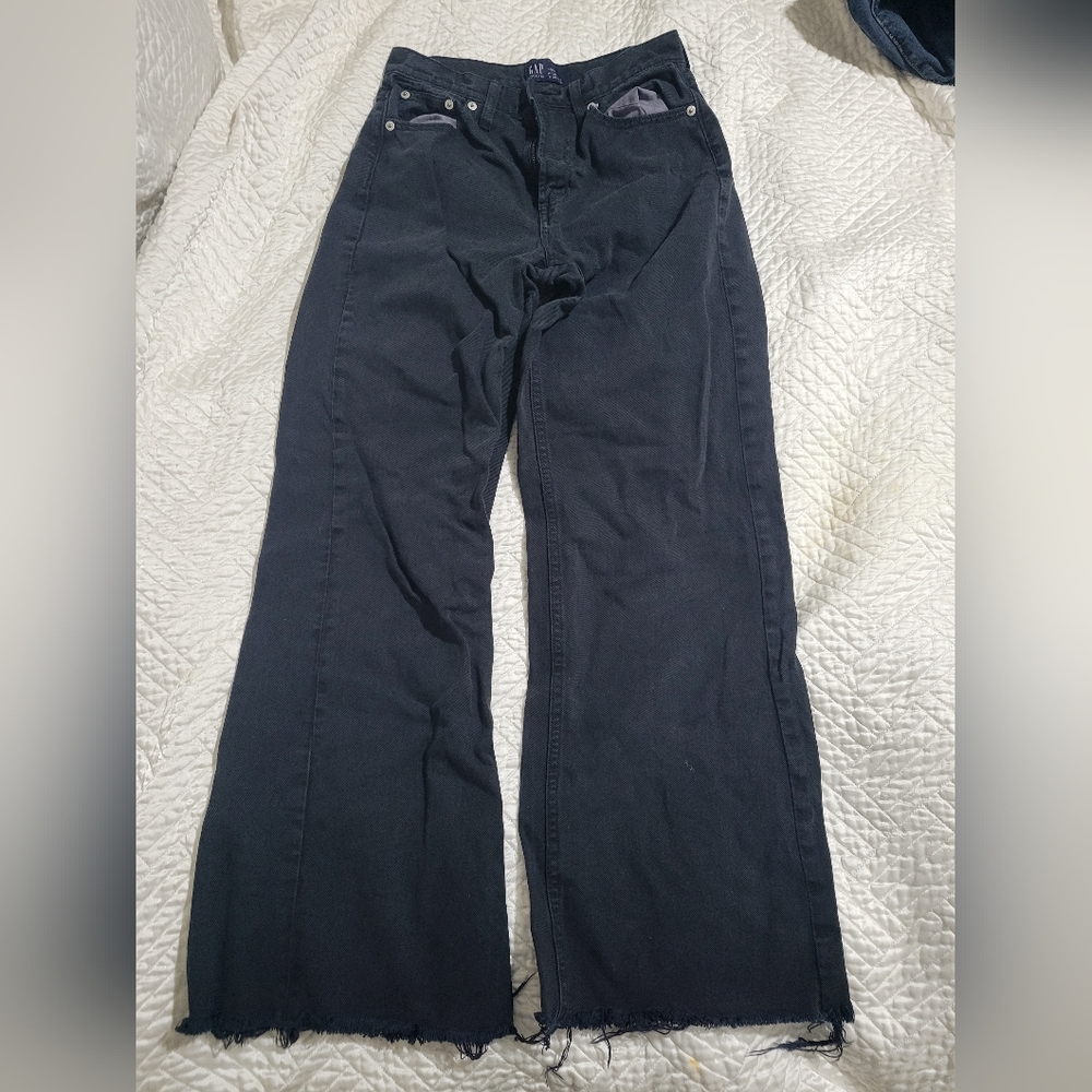 GAP High Rise Wide Leg Jeans Black Raw Hem 0 25 Petite Minimalist - Picture 4 of 9